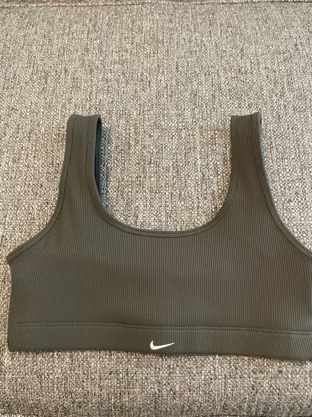 Nike Olive Ribbed Scoop-Back Sports Bra with White Swoosh